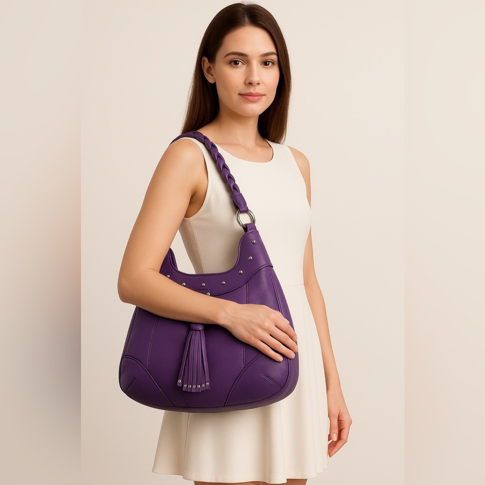 Isabella Adams Purple‎ Leather Hobo Shoulder Bag with Braided Strap & Tassel